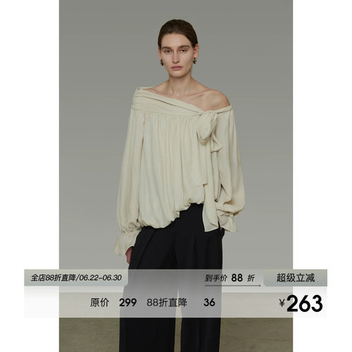 UNSPOKEN法式不规则斜肩衬衫女秋季2026新款设计感系带露肩上衣