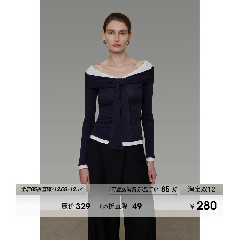 UNSPOKEN假两件一字肩针织衫