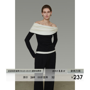 上衣女 气质高级感堆褶设计质感修身 UNSPOKEN法式 撞色一字肩针织衫