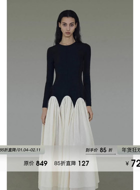 UNSPOKEN撞色拼接长袖连衣裙女春季设计感小众修身显瘦高级感长裙