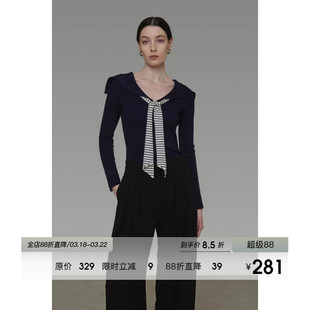 UNSPOKEN复古海军领针织衫女春季撞色条纹飘带修身显瘦设计感上衣