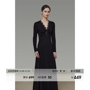 UNSPOKENV领拼接蕾丝扭结连衣裙女春2026新款 简约高级感针织长裙