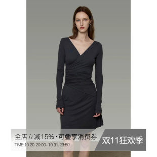 UNSPOKEN长袖针织连衣裙V领气质修身收腰中裙法式高级感百搭裙子