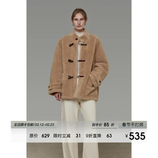 UNSPOKEN高级感立领皮毛一体羊羔毛外套女冬季加厚牛角扣皮草大衣