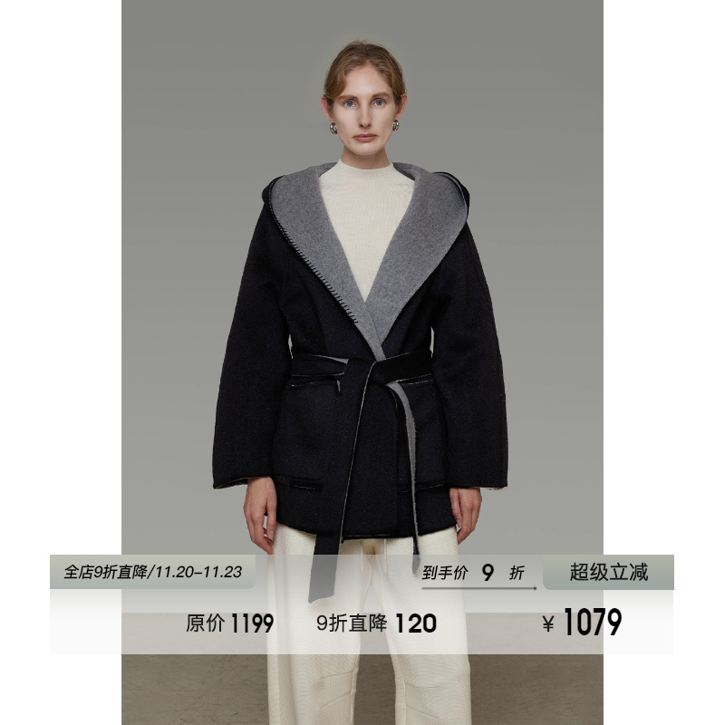 UNSPOKEN100羊毛撞色连帽系带双面呢外套女冬宽松高级感毛呢大衣
