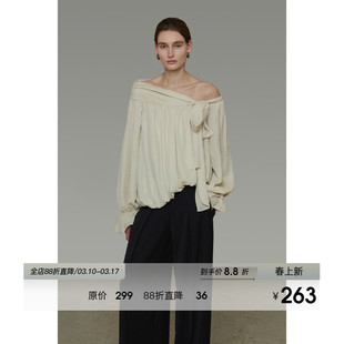 UNSPOKEN法式不规则斜肩衬衫女春季2026新款设计感系带露肩上衣