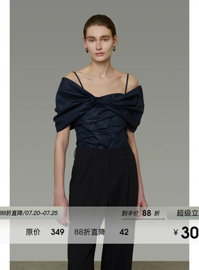 UNSPOKEN法式露肩衬衫女吊带上衣设计感小众扭结气质显瘦短袖衬衣