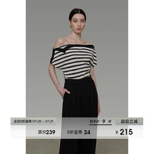 UNSPOKEN设计感不规则一字肩条纹针织短袖 露肩上衣 女2025夏季 新款