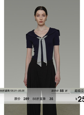 UNSPOKEN复古海军领条纹领带撞色针织短袖女2026夏季新款修身上衣