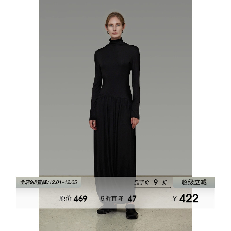 UNSPOKEN修身高领连衣裙女秋季2025新款简约高级感显瘦针织长裙子