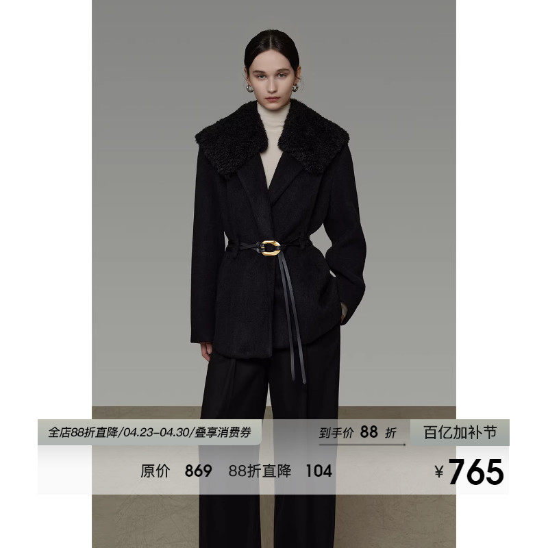 UNSPOKEN拼接毛领系带毛呢外套女冬季2025新款低调高级中长款大衣