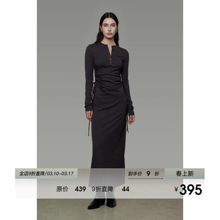 UNSPOKEN抽褶修身长袖连衣裙女春装显瘦小众设计感半开襟长裙子