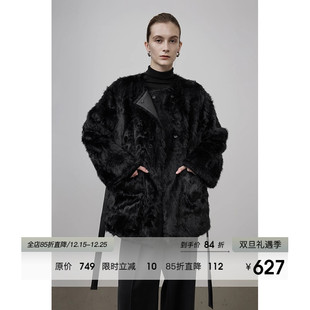 UNSPOKEN黑色皮毛一体外套女冬2025新款 毛毛大衣 简约高级感中长款