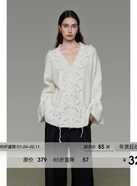 UNSPOKEN设计感V领抽绳针织衫女春季宽松显瘦设计感小众羊毛上衣