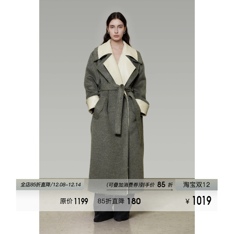 UNSPOKEN假两件绵羊毛双面呢大衣冬季2025新款宽松长款毛呢子外套