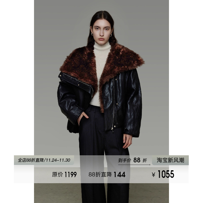 UNSPOKEN大翻领拼接皮毛一体女冬季厚款简约高级感夹克毛毛外套