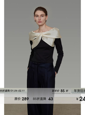 UNSPOKEN缎面拼接一字领针织衫女春季设计感显瘦气质高级感上衣