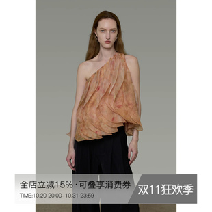 UNSPOKEN斜肩印花上衣女露肩宽松无袖气质显瘦法式衬衫夏2026新款