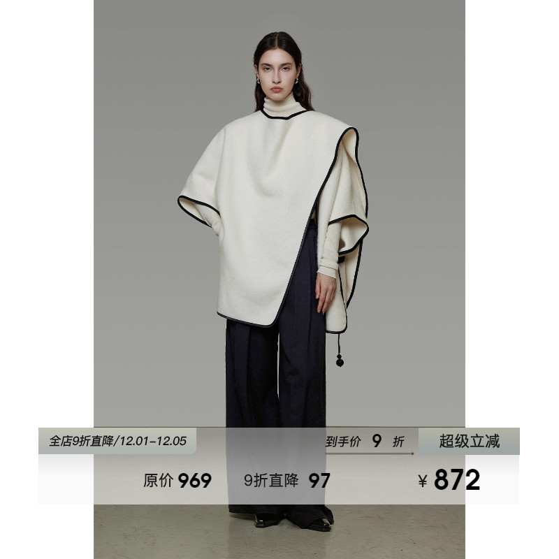 UNSPOKEN不规则围巾领毛呢外套女冬季宽松廓形设计感撞色羊毛大衣