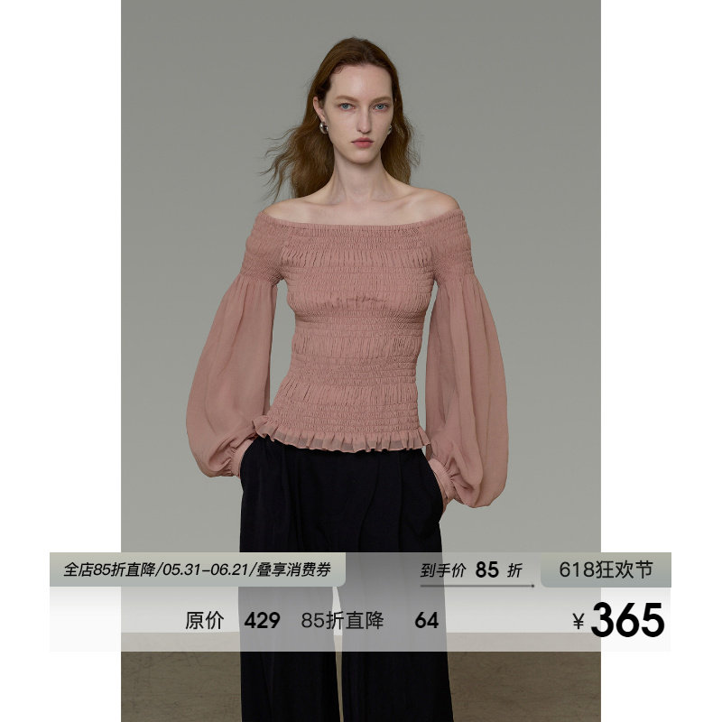 UNSPOKEN长袖衬衫女一字肩设计感收腰显瘦法式气质露肩高级感上衣