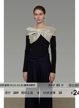 UNSPOKEN设计感拼接一字领针织衫女春季修身显瘦气质高级感上衣