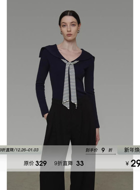 UNSPOKEN复古海军领针织衫女春季撞色条纹飘带修身显瘦设计感上衣