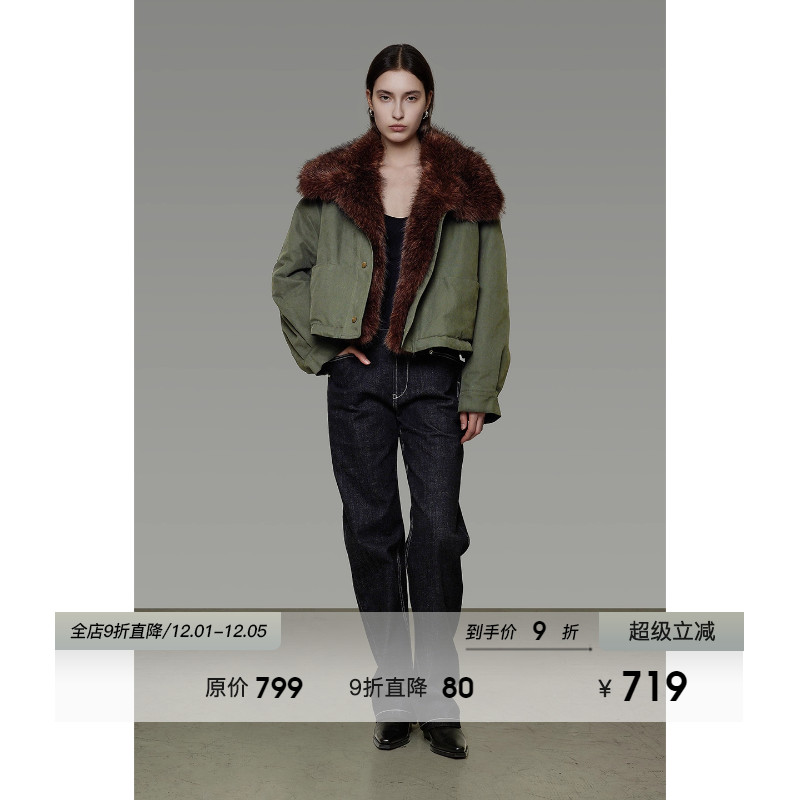 UNSPOKEN拼接毛领棉服外套冬季宽松设计感加厚短款夹克夹棉外套