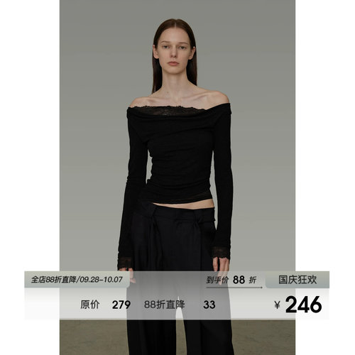 UNSPOKEN蕾丝拼接一字肩针织衫女2026秋季新款简约高级感修身上衣