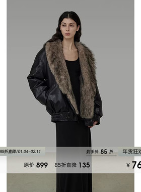 UNSPOKEN毛领短款皮毛一体外套女冬季2025新款加厚短款毛毛大衣