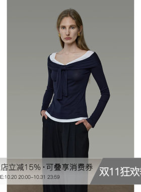 UNSPOKEN撞色针织衫女一字肩修身长袖气质假两件露肩设计法式上衣