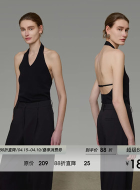 UNSPOKEN黑色挂脖上衣女露背气质优雅法式高级感百搭显瘦吊带上衣