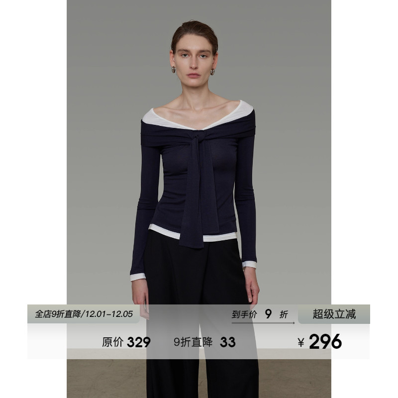 UNSPOKEN假两件一字肩针织衫