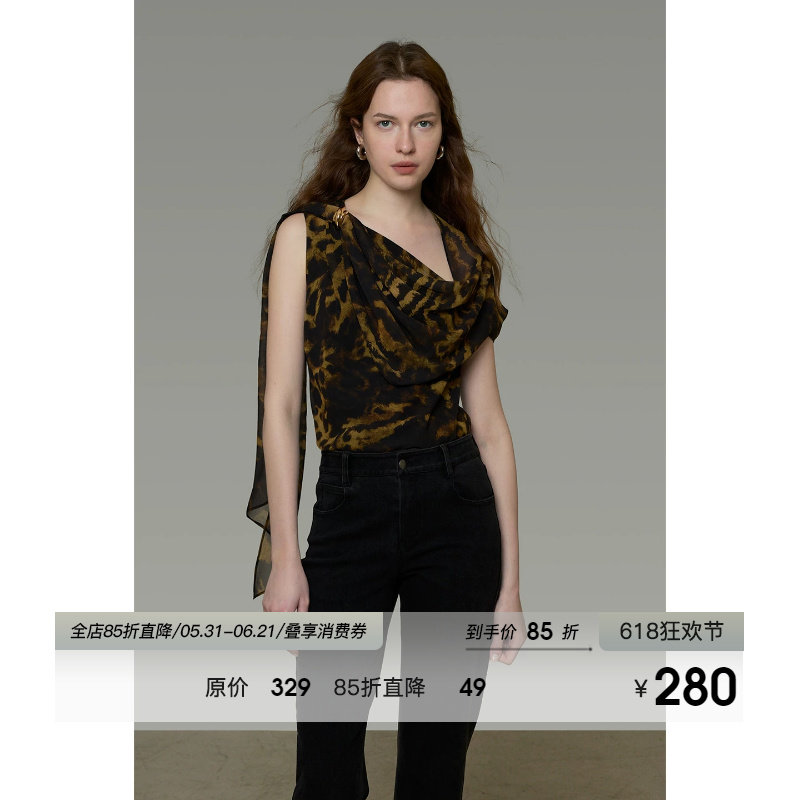 UNSPOKEN豹纹斜肩衬衫女设计感小众宽松气质显瘦法式小资别致上衣