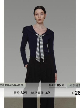 UNSPOKEN复古海军领针织衫女春季撞色条纹飘带修身显瘦设计感上衣