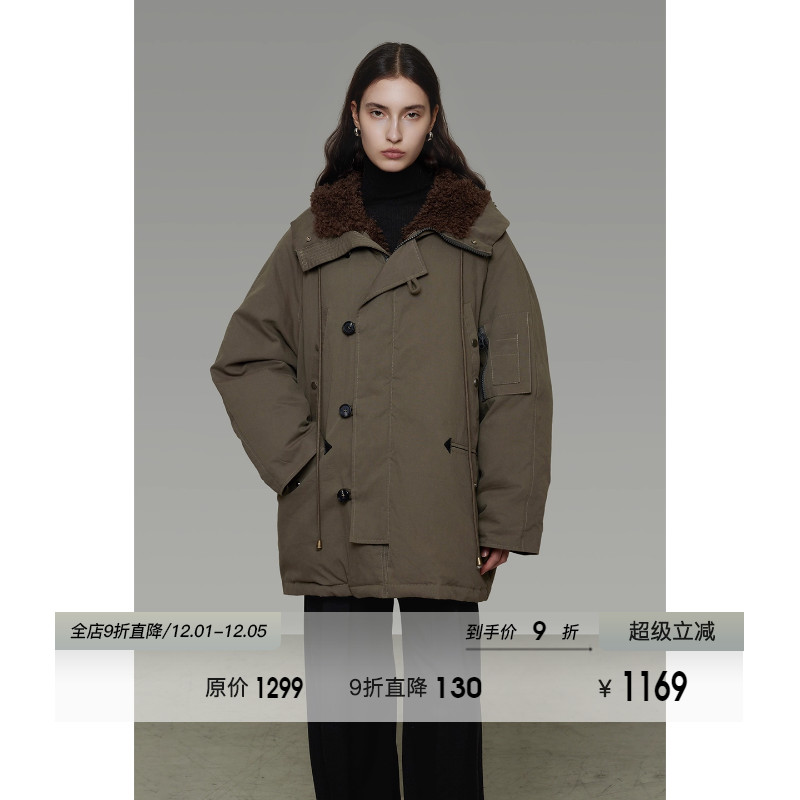 UNSPOKEN工装风拼接大翻领羽绒服女冬季厚款宽松廓形中长款派克服