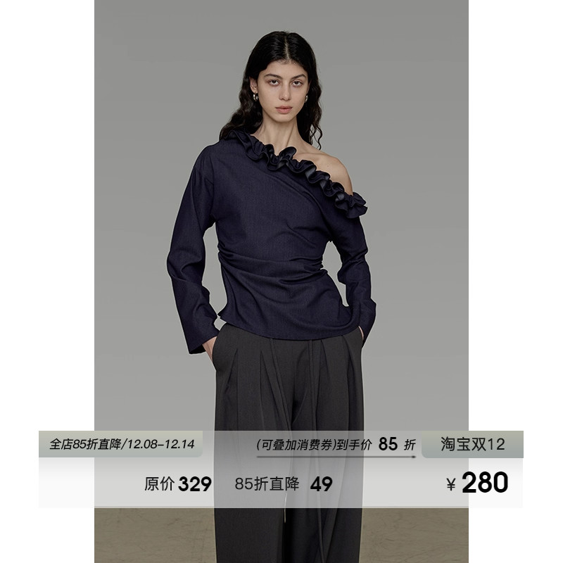 UNSPOKEN花边领斜肩衬衫女2025秋季新款修身显瘦慵懒高级感上衣