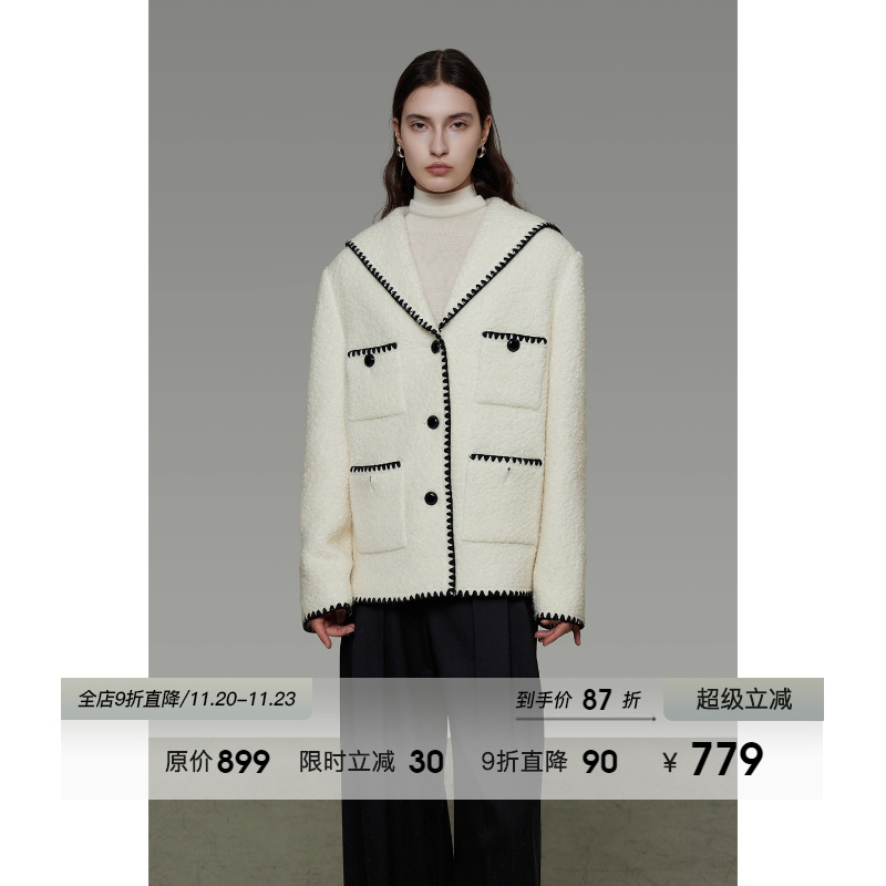 UNSPOKEN海军领羊毛外套女冬季原创设计感宽松撞色小香风呢子大衣