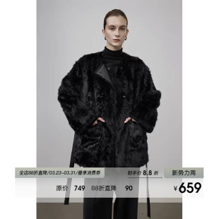 UNSPOKEN黑色皮毛一体外套女冬2026新款 毛毛大衣 简约高级感中长款