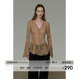 UNSPOKENE防晒衬衫女夏喇叭袖V领绣花气质显瘦设计感小众长袖衬衣