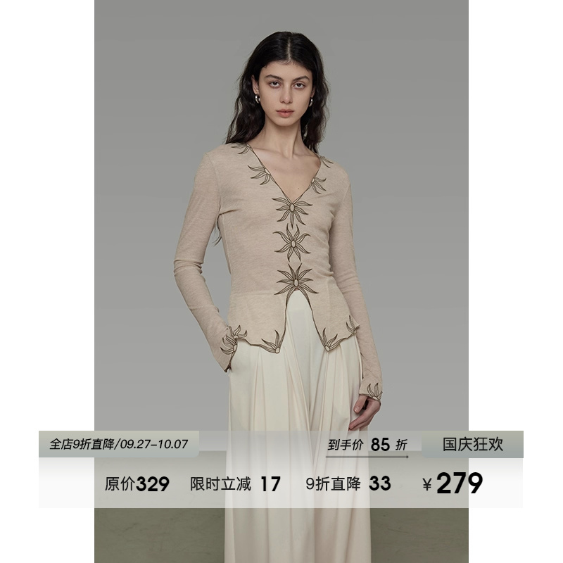 UNSPOKEN复古刺绣V领修身针织衫女款2025秋季新款设计感显瘦上衣