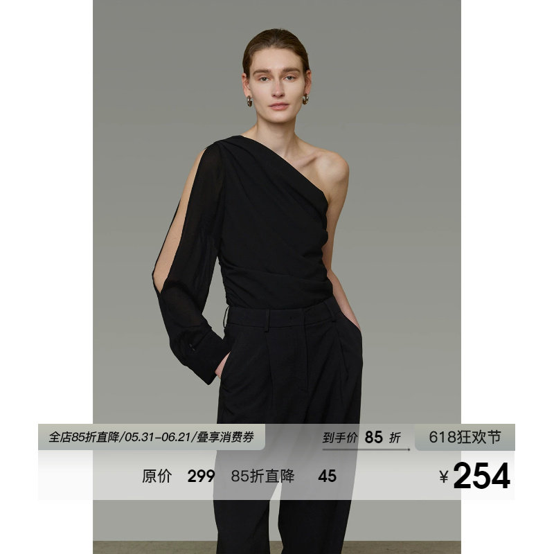 UNSPOKEN斜肩黑色衬衫女单侧长袖小众设计感露肩法式显瘦气质上衣