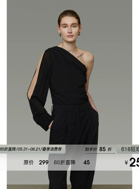 UNSPOKEN斜肩黑色衬衫女单侧长袖小众设计感露肩法式显瘦气质上衣