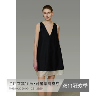 UNSPOKEN撞色无袖连衣裙V领小众设计感宽松中裙法式气质显瘦裙子