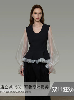UNSPOKEN撞色衬衫女U领收腰设计感气质泡泡袖法式高级感长袖上衣