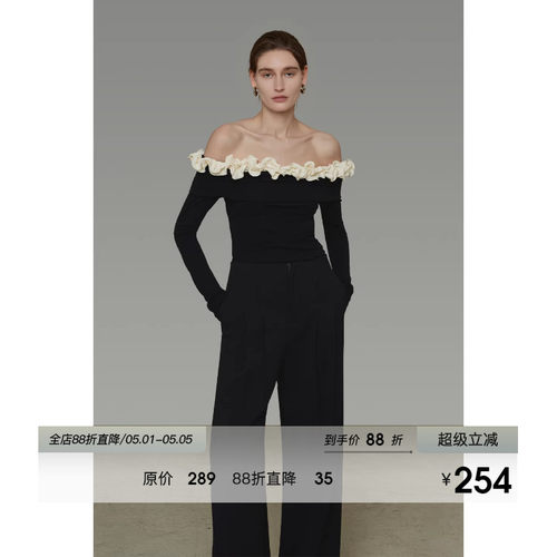 经典一字肩撞色木耳边针织衫