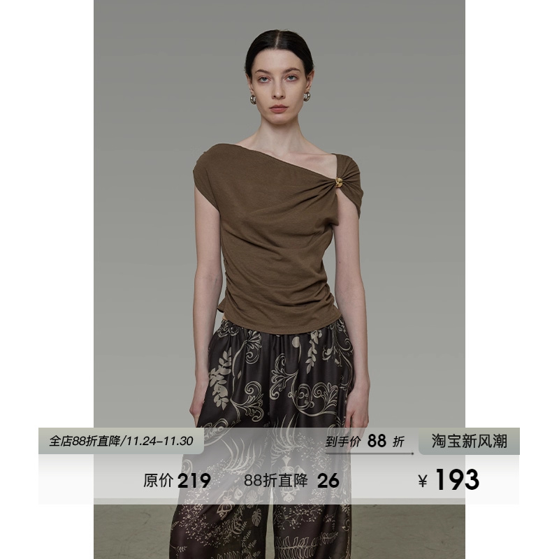 UNSPOKEN设计感立体装饰不规则斜肩T恤女夏季修身显瘦气质上衣