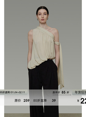 UNSPOKEN法式不规则斜肩上衣女夏季无袖外穿设计感飘带背心吊带