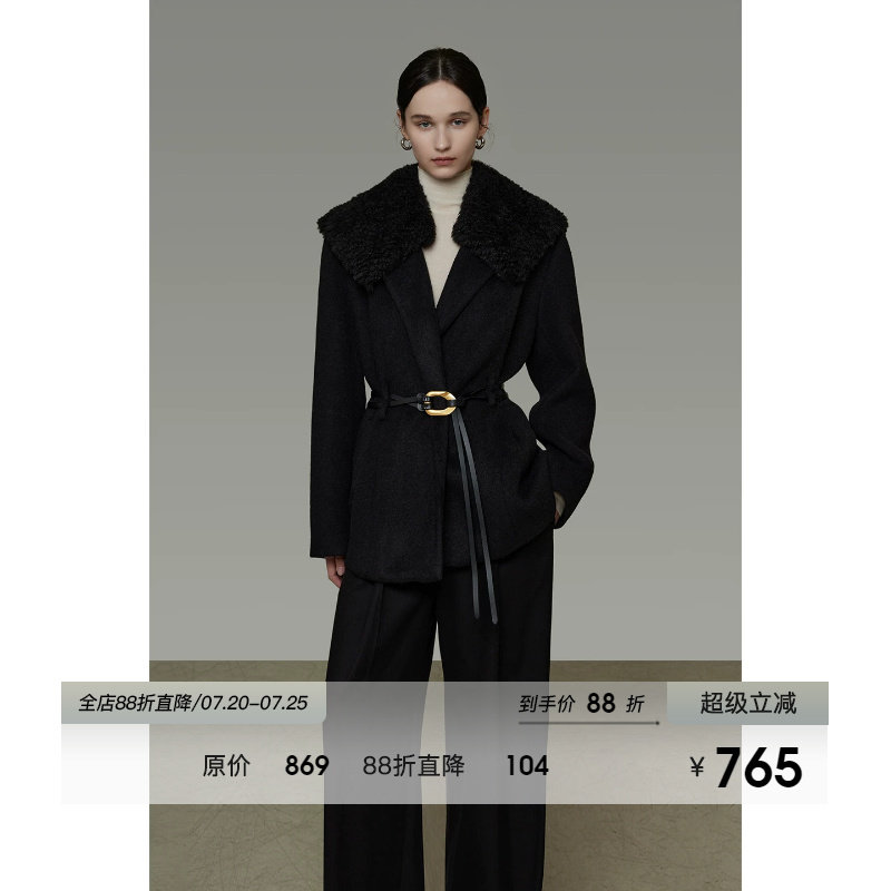 UNSPOKEN拼接毛领系带毛呢外套女冬季2025新款低调高级中长款大衣