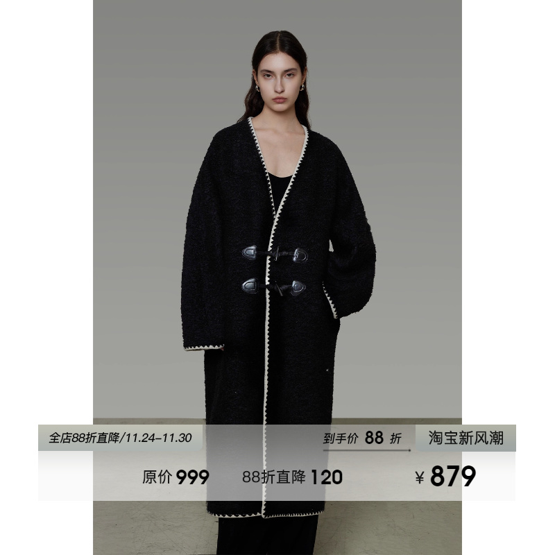 UNSPOKEN廓形牛角扣毛呢大衣冬季高级感单面呢宽松长款羊毛大衣