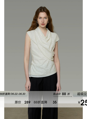 UNSPOKEN白色T恤女短袖荡领扭褶小众设计法式独特绝美初夏小上衣